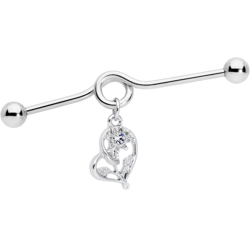 14G Clear Gem Blossoming Heart Flower Dangle Project Bar 38mm