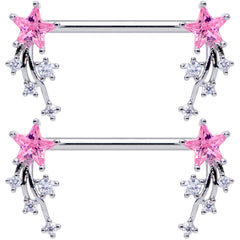 14G 5/8 Pink Clear CZ Gem Shooting Star Barbell Nipple Ring Set