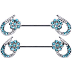14G 5/8 Aqua Gem Heart Flower Barbell Nipple Ring Set