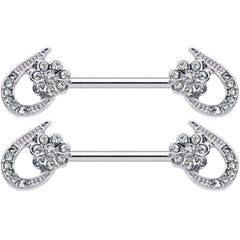14G 5/8 Clear Gem Heart Flower Barbell Nipple Ring Set