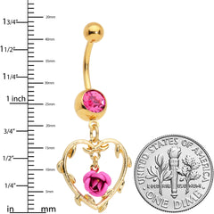 Pink Gem Gold Tone Rose Heart Valentines Day Dangle Belly Ring