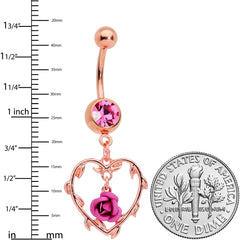Pink Gem Rose Gold Tone Rose Heart Valentines Day Dangle Belly Ring