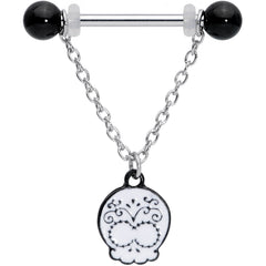 14G 11/16 Black UV Ball Sugar Skull Chain Dangle Nipple Ring Set