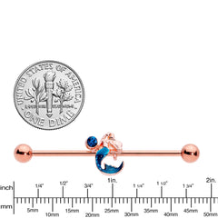 14G Aqua Gem Rose Gold Tone Mermaid Industrial Barbell 38mm