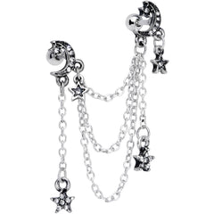 16G 1/4 Clear Gem Moon Star Triple Dangle Cartilage Chain Earring