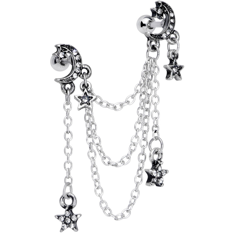 16G 1/4 Clear Gem Moon Star Triple Dangle Cartilage Chain Earring