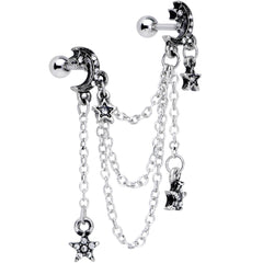 16G 1/4 Clear Gem Moon Star Triple Dangle Cartilage Chain Earring