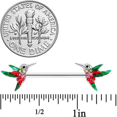 14G 9/16 Red Pink Gem Green Hummingbird Barbell Nipple Ring Set