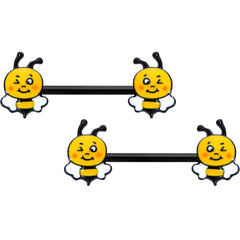 14G 9/16 Black Yellow Winking Bee Barbell Nipple Ring Set