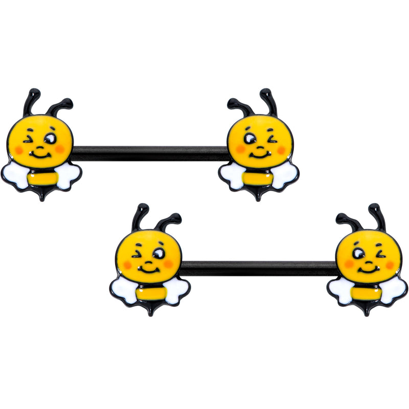 14G 9/16 Black Yellow Winking Bee Barbell Nipple Ring Set