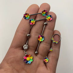 14G Rainbow Hippie Flower Industrial Barbell 38mm