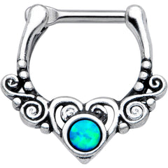 16G 3/8 Green Synthetic Opal Winged Heart Cartilage Clicker
