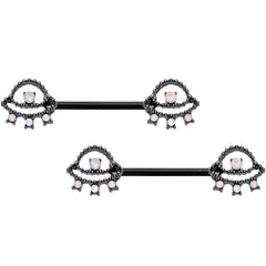 14G 9/16 White Faux Opal Black UFO Barbell Nipple Ring Set