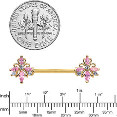 14G 9/16 Pink CZ Gem Gold Tone Pretty Barbell Nipple Ring Set