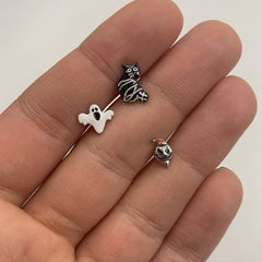 16G 1/4 Black Cat Ghost Halloween Cartilage Tragus Curation Set of 3