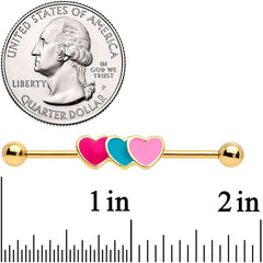 14G Gold Tone Triple Heart Industrial Barbell 38mm