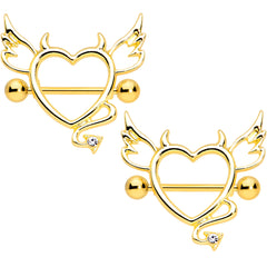 14G 9/16 Clear Gem Gold Tone Devil Heart Nipple Shield Set