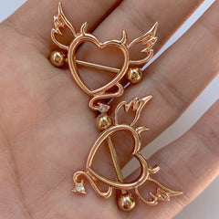 14G 9/16 Clear Gem Rose Gold Tone Devil Heart Nipple Shield Set