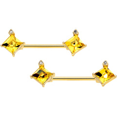 14G 5/8 Clear Yellow Gem Gold Tone Rhombus Barbell Nipple Ring Set
