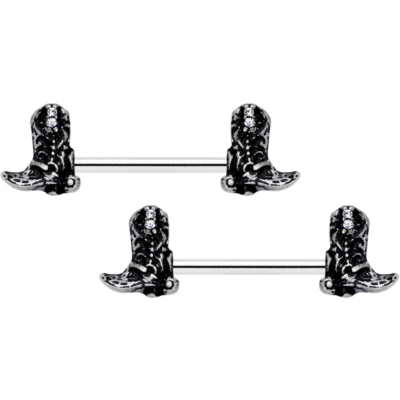 14G 9/16 Clear Gem Cowboy Boot Barbell Nipple Ring Set