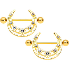 14G 5/8 Clear Gem Gold Tone Open Crescent Nipple Shield Set