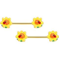 14G 5/8 Gold Tone Sunny Flower Ladybug Barbell Nipple Ring Set