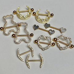 14G 5/8 Clear Gem Gold Tone Teddy Bear Nipple Shield Set