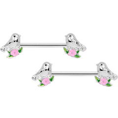 14G 9/16 Bird Pink Flower Barbell Nipple Ring Set