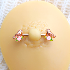 14G 9/16 Rose Gold Tone Bird Pink Flower Barbell Nipple Ring Set