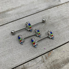 14G 9/16 Clear Gem Tropical Parrot Bird Barbell Nipple Ring Set
