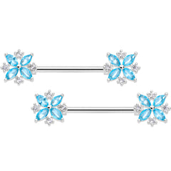 14G 5/8 Aqua CZ Gem Star Burst Barbell Nipple Ring Set
