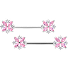 14G 5/8 Pink CZ Gem Star Burst Barbell Nipple Ring Set