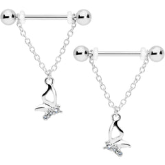 14G 5/8 Clear Gem Butterfly Dangle Nipple Ring Set
