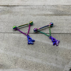 14G 5/8 Clear Gem Rainbow Butterfly Dangle Nipple Ring Set