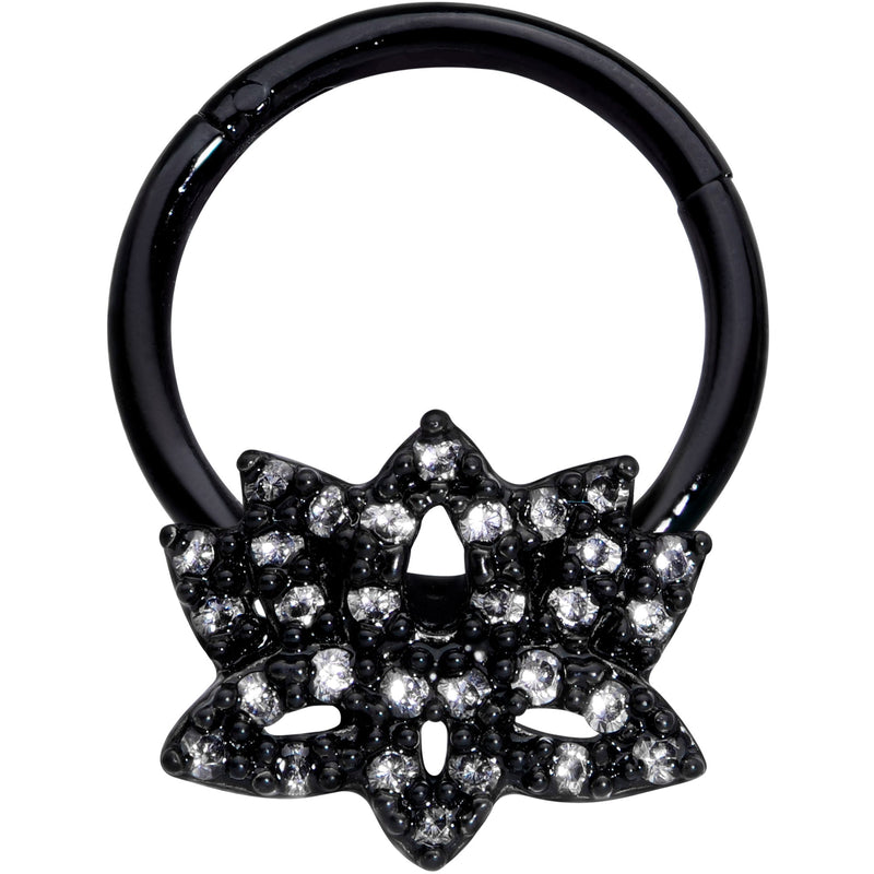 16G 3/8 Clear CZ Gem Black Lotus Flower Hinged Segment Ring