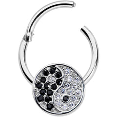 16G 3/8 Clear Black CZ Gem Yin Yang Hinged Segment Ring