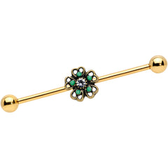 14G Gold Tone Green Flower St Patricks Industrial Barbell 38mm