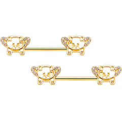 14G 9/16 Clear Gem Gold Tone Flying Pig Barbell Nipple Ring Set