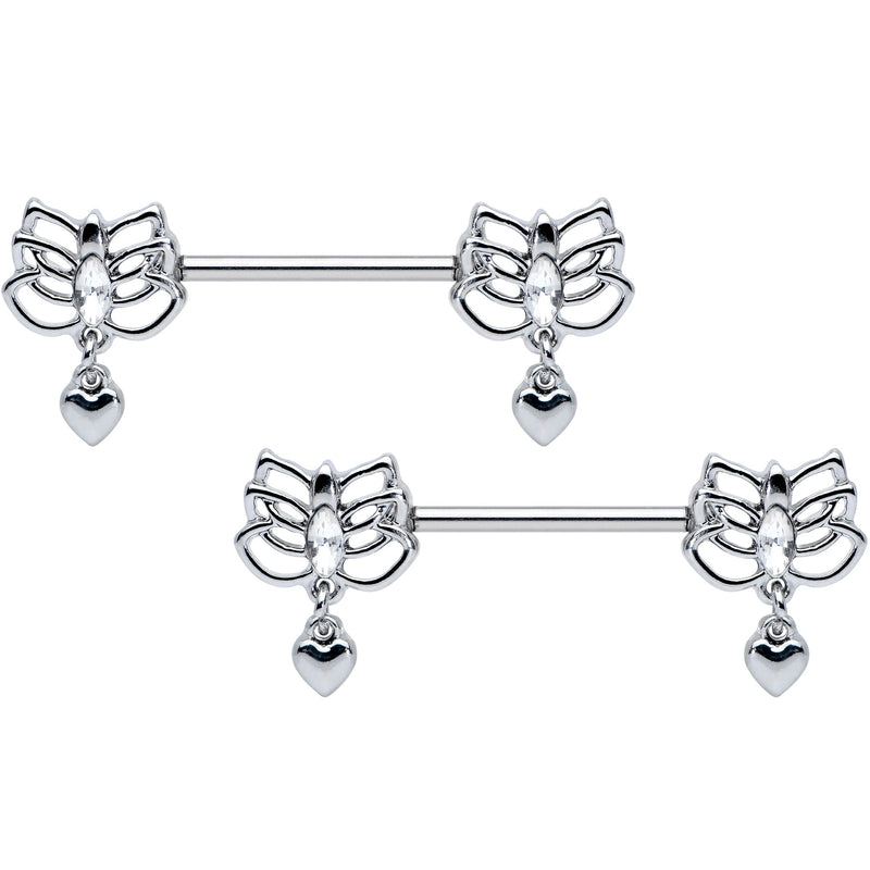 14G 5/8 Clear Gem Lotus Heart Dangle Barbell Nipple Ring Set