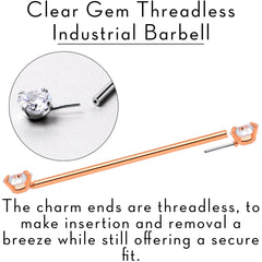 14G Clear CZ Gem Rose Gold Tone Threadless Industrial Barbell 38mm