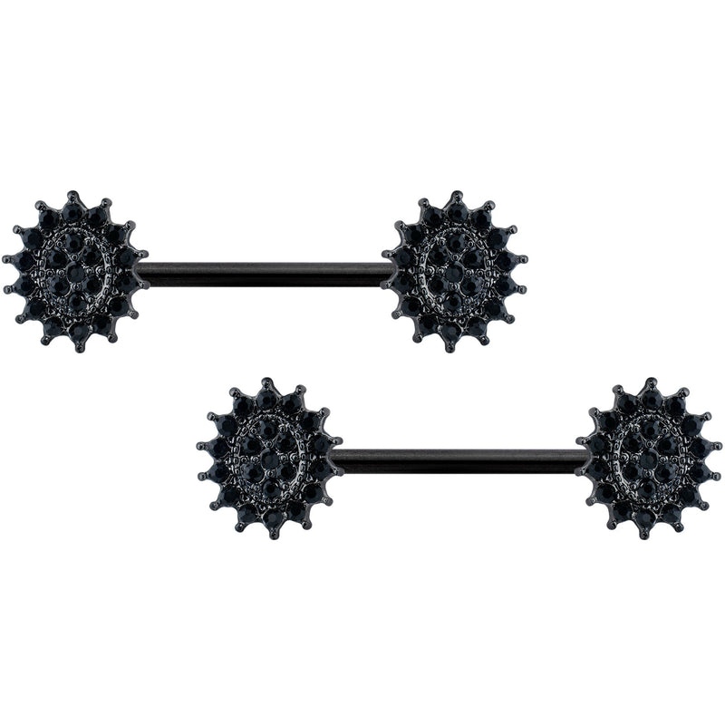 14G 5/8 Black Gem Black Oval Sunburst Barbell Nipple Ring Set