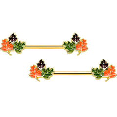 14G 9/16 Gold Tone Lovely Autumn Leaves Barbell Nipple Ring Set