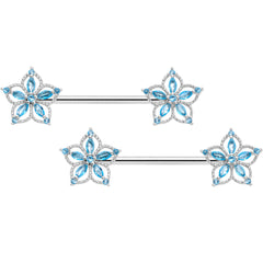 14G 9/16 Aqua CZ Gem Airy Flower Nipple Ring Set