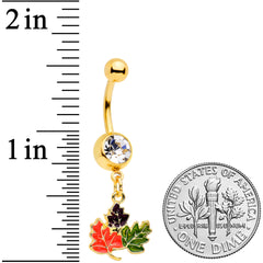 Clear Gem Gold Tone Lovely Autumn Leaf Trio Dangle Belly Ring