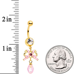 Clear Pink Gem Gold Tone Pink Bow Dangle Belly Ring