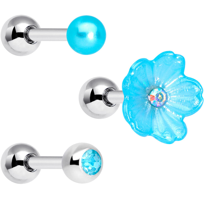 16G 1/4 Aqua Aurora Gem Flower Cartilage Tragus Earring Set of 3