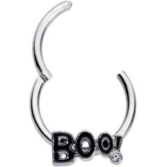 16G 3/8 Clear Gem Black Boo Halloween Hinged Segment Ring