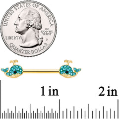 14G 9/16 Aqua Gem Gold Tone Blue Whale Nipple Ring Set