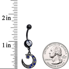 Blue Clear Gem Black Star Crescent Moon Dangle Belly Ring Set of 2