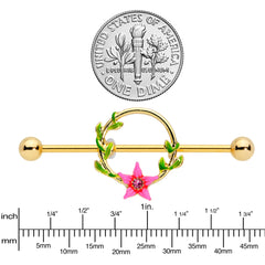 14G Pink Gem Gold Hue Exotic Flower Circle Industrial Barbell 38mm